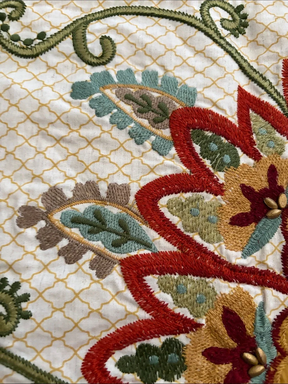 Pier 1 Embroidered Floral Table Runner in Cream, Mustard & Red